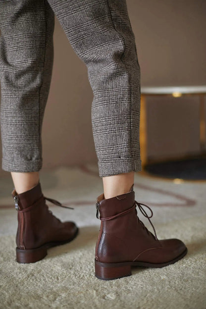 Cow Leather Lace Up Vintage Round Toe  / Low Heels Lady Ankle Boots - Ghoddosh