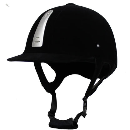Black riding helmet with a silver stripe on a white background 
@ ghoddosh.com
