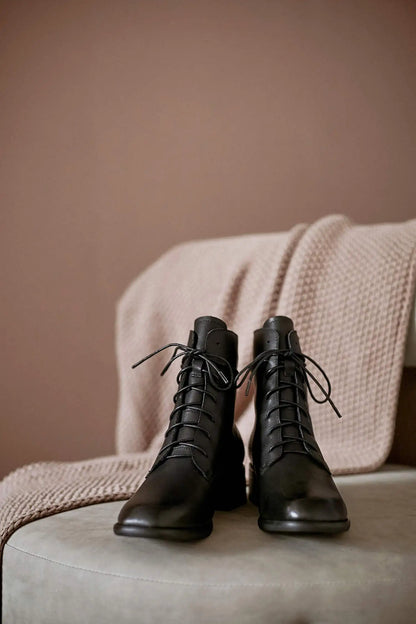 Cow Leather Lace Up Vintage Round Toe  / Low Heels Lady Ankle Boots - Ghoddosh