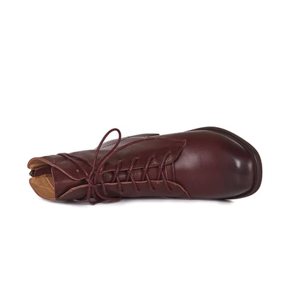 Cow Leather Lace Up Vintage Round Toe  / Low Heels Lady Ankle Boots - Ghoddosh