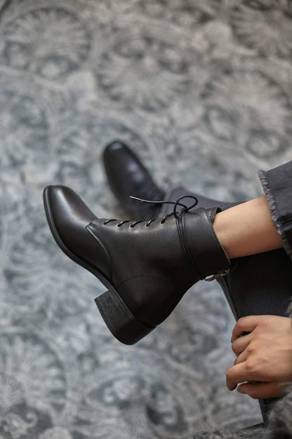 Cow Leather Lace Up Vintage Round Toe  / Low Heels Lady Ankle Boots - Ghoddosh