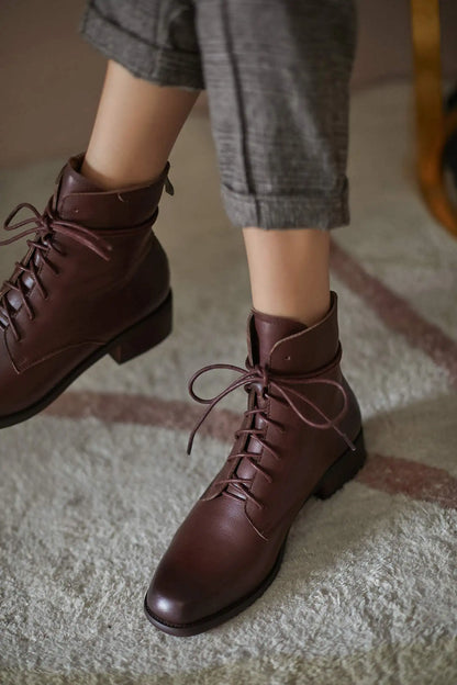 Cow Leather Lace Up Vintage Round Toe  / Low Heels Lady Ankle Boots - Ghoddosh