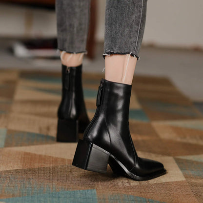 Cow Leather High Heels Square Toe Winter  Ankle Boots - Ghoddosh