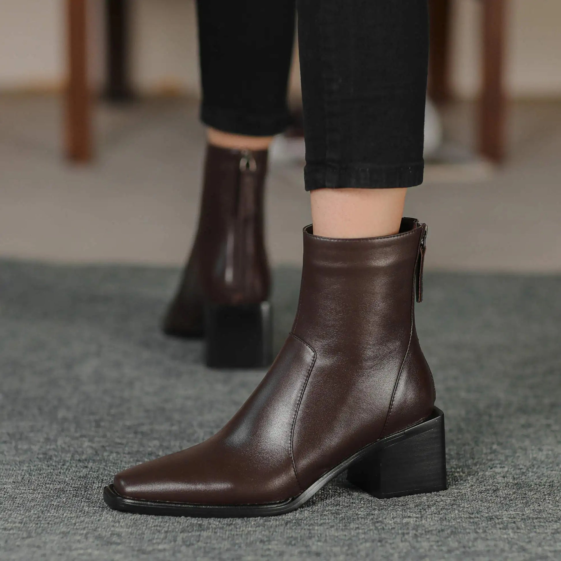 Cow Leather High Heels Square Toe Winter  Ankle Boots - Ghoddosh