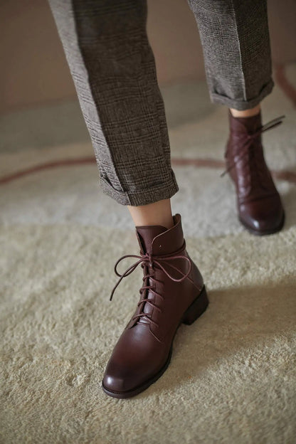 Cow Leather Lace Up Vintage Round Toe  / Low Heels Lady Ankle Boots - Ghoddosh