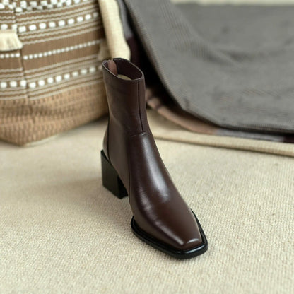 Cow Leather High Heels Square Toe Winter  Ankle Boots - Ghoddosh