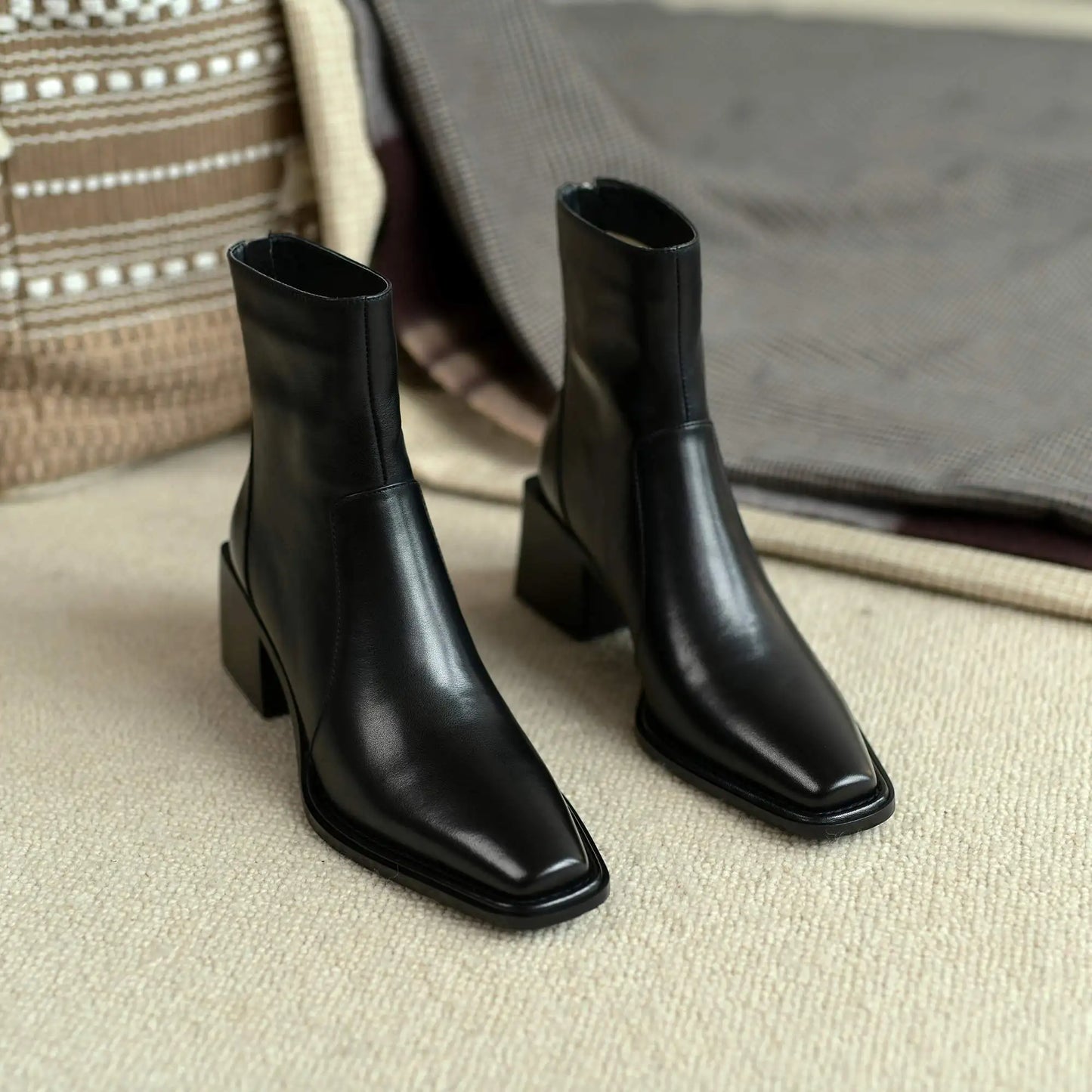 Cow Leather High Heels Square Toe Winter  Ankle Boots - Ghoddosh
