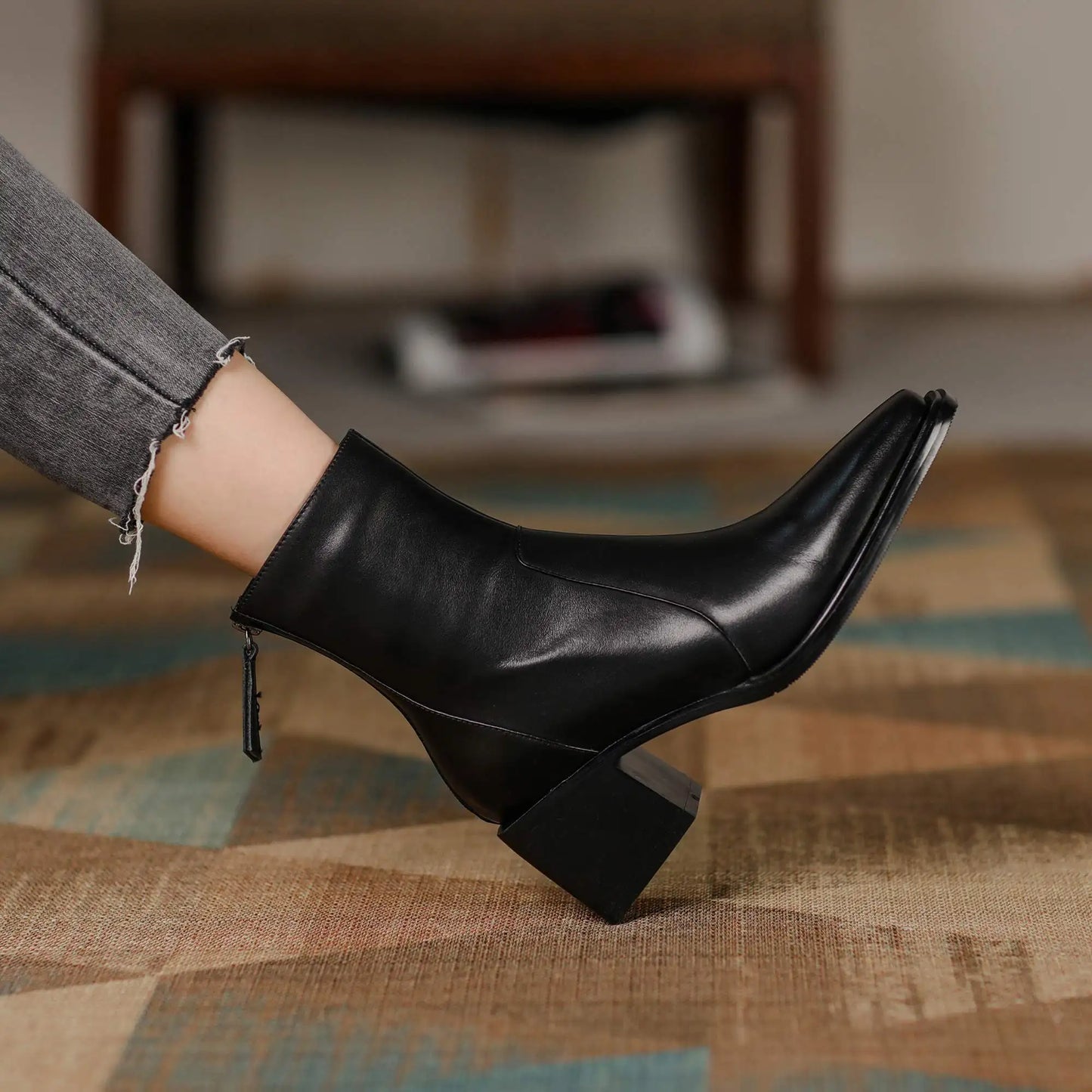 Cow Leather High Heels Square Toe Winter  Ankle Boots - Ghoddosh