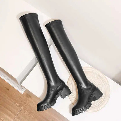 Big Size Cow Leather Stretch Over-the-knee Boots - Ghoddosh