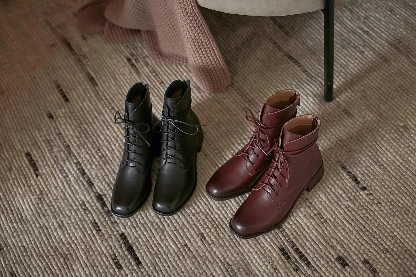 Cow Leather Lace Up Vintage Round Toe  / Low Heels Lady Ankle Boots - Ghoddosh