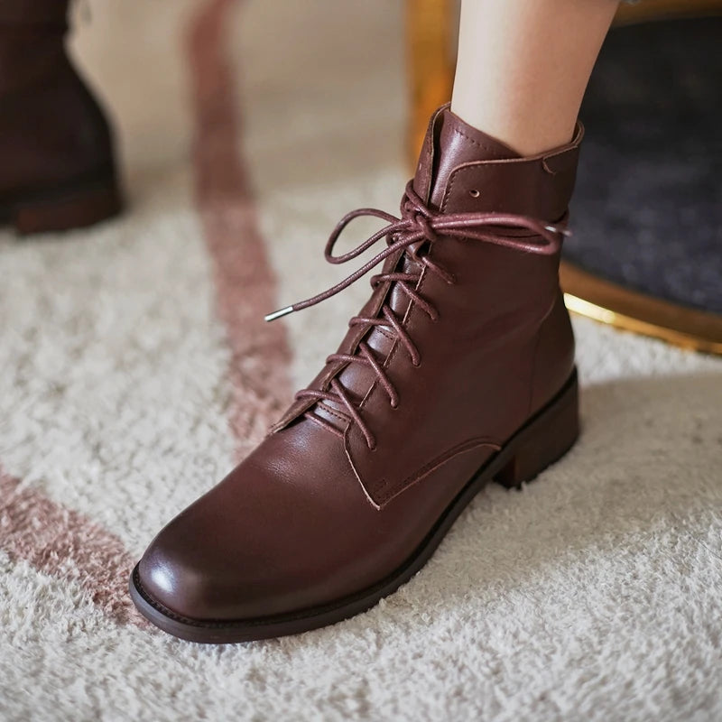 Cow Leather Lace Up Vintage Round Toe  / Low Heels Lady Ankle Boots - Ghoddosh