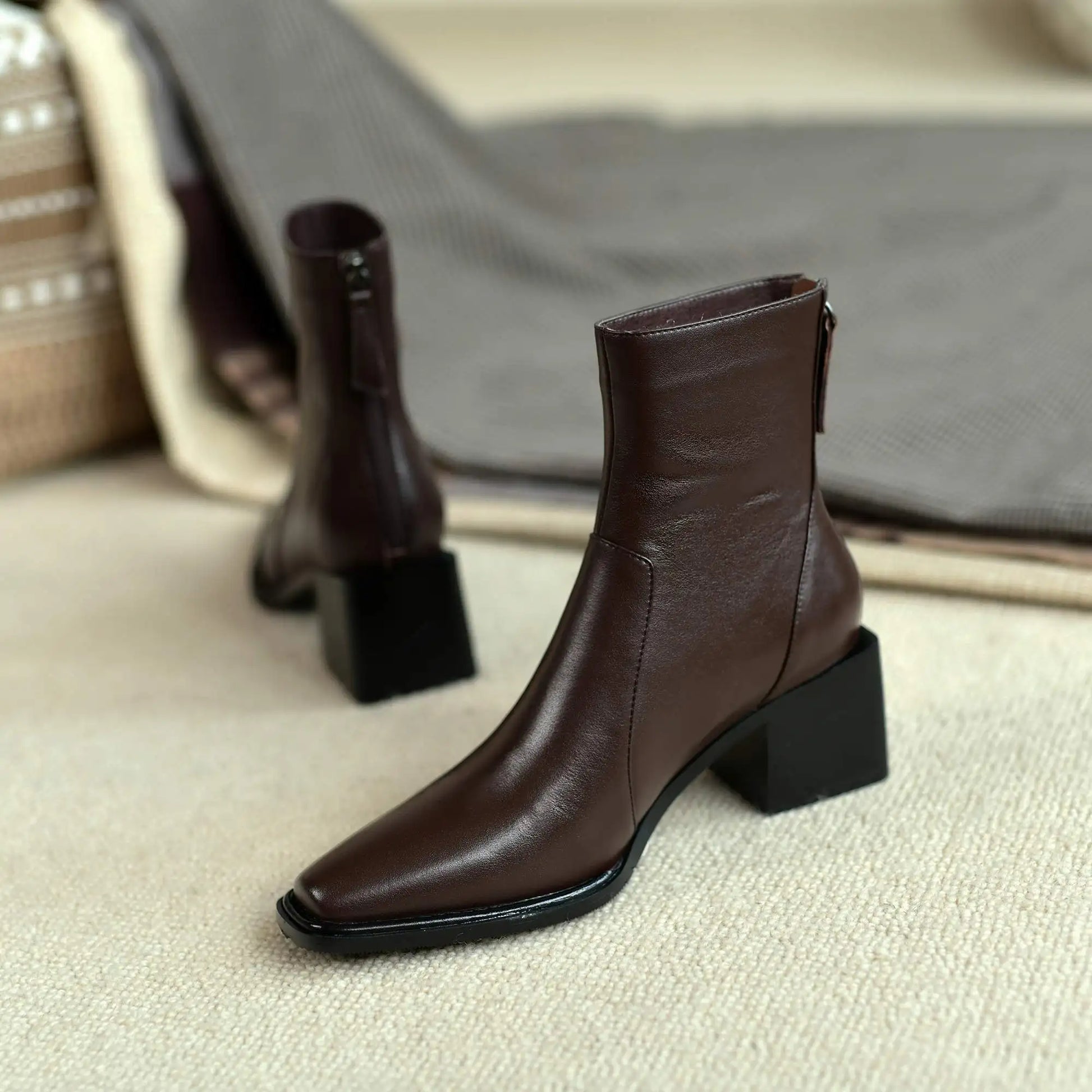 Cow Leather High Heels Square Toe Winter  Ankle Boots - Ghoddosh