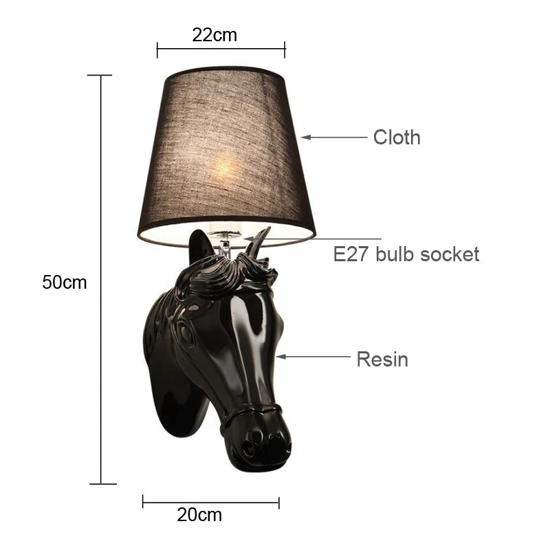 Lamp with horse head design, labeled with dimensions and materials, on a white background. www.ghoddosh.com