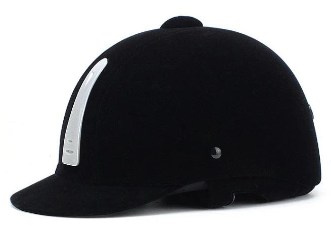 Black riding helmet with a silver stripe on a white background 
@ ghoddosh.com