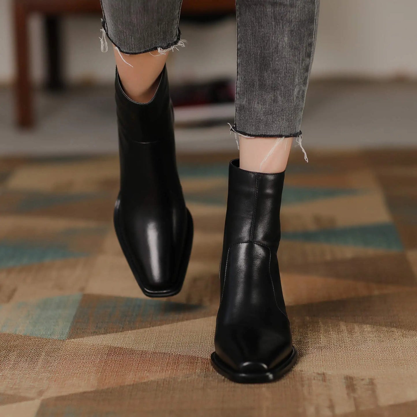 Cow Leather High Heels Square Toe Winter  Ankle Boots - Ghoddosh