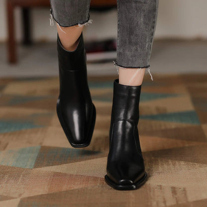 Cow Leather High Heels Square Toe Winter  Ankle Boots - Ghoddosh