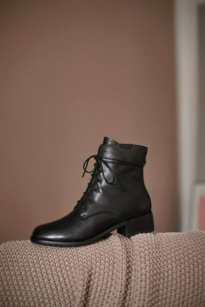 Cow Leather Lace Up Vintage Round Toe  / Low Heels Lady Ankle Boots - Ghoddosh