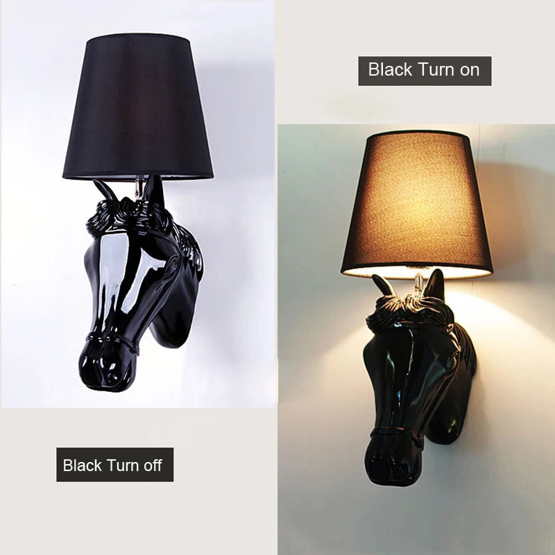 Wall-mounted horse head lamp with black shade on a white background, showing 'Black Turn On' and 'Black Turn Off' states. @ ghoddosh.com