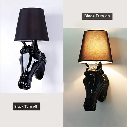 Wall-mounted horse head lamp with black shade on a white background, showing 'Black Turn On' and 'Black Turn Off' states. @ ghoddosh.com