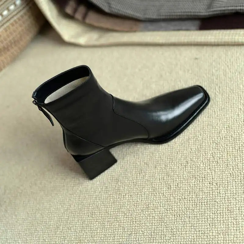 Cow Leather High Heels Square Toe Winter  Ankle Boots - Ghoddosh