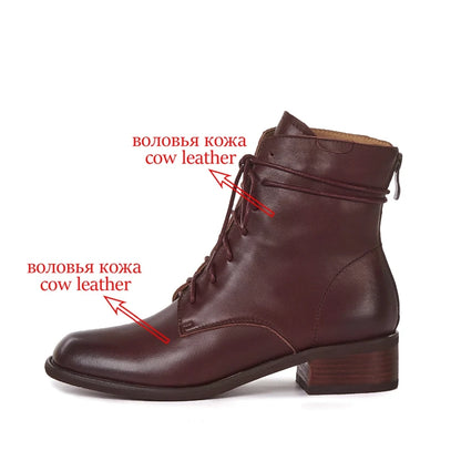 Cow Leather Lace Up Vintage Round Toe  / Low Heels Lady Ankle Boots - Ghoddosh