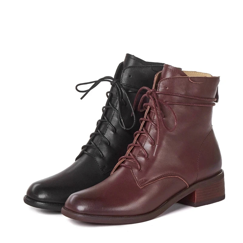Cow Leather Lace Up Vintage Round Toe  / Low Heels Lady Ankle Boots - Ghoddosh