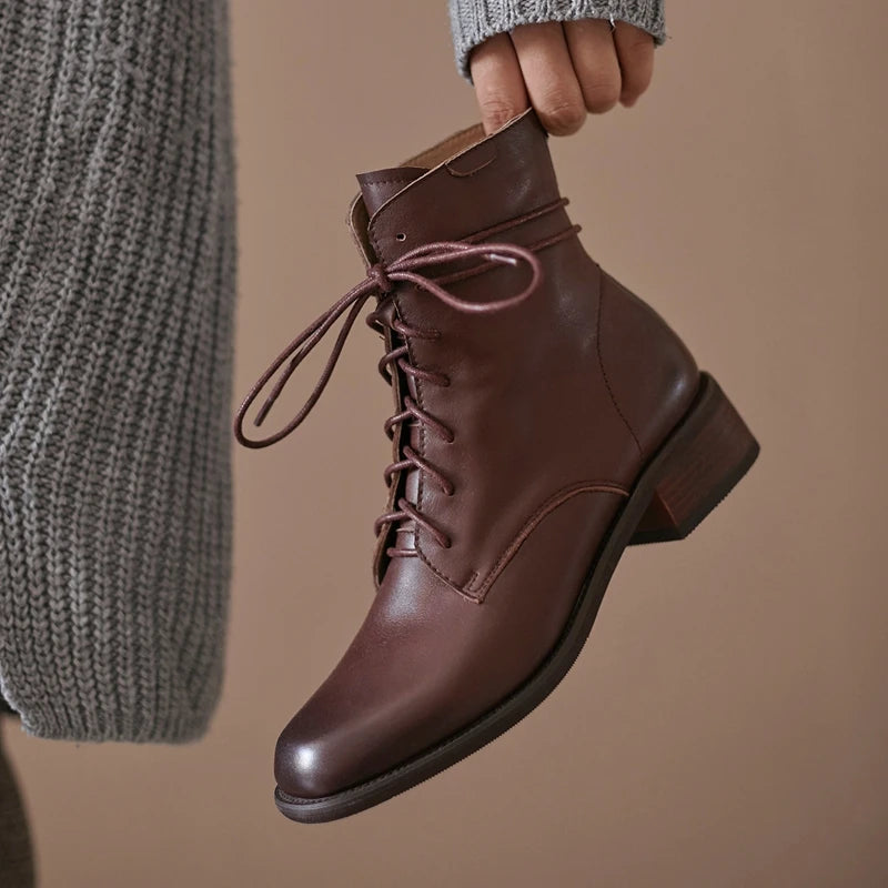 Cow Leather Lace Up Vintage Round Toe  / Low Heels Lady Ankle Boots - Ghoddosh