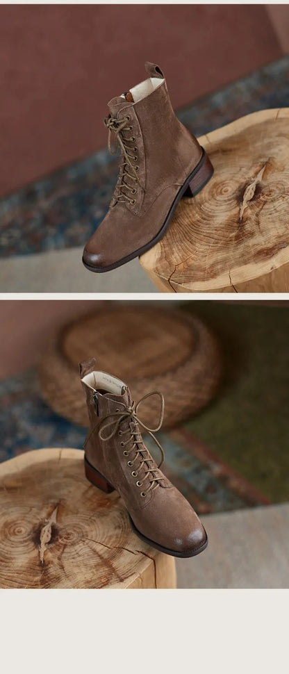 Genuine Leather  Women Retro Lace Ankle Boots for Women - Ghoddosh