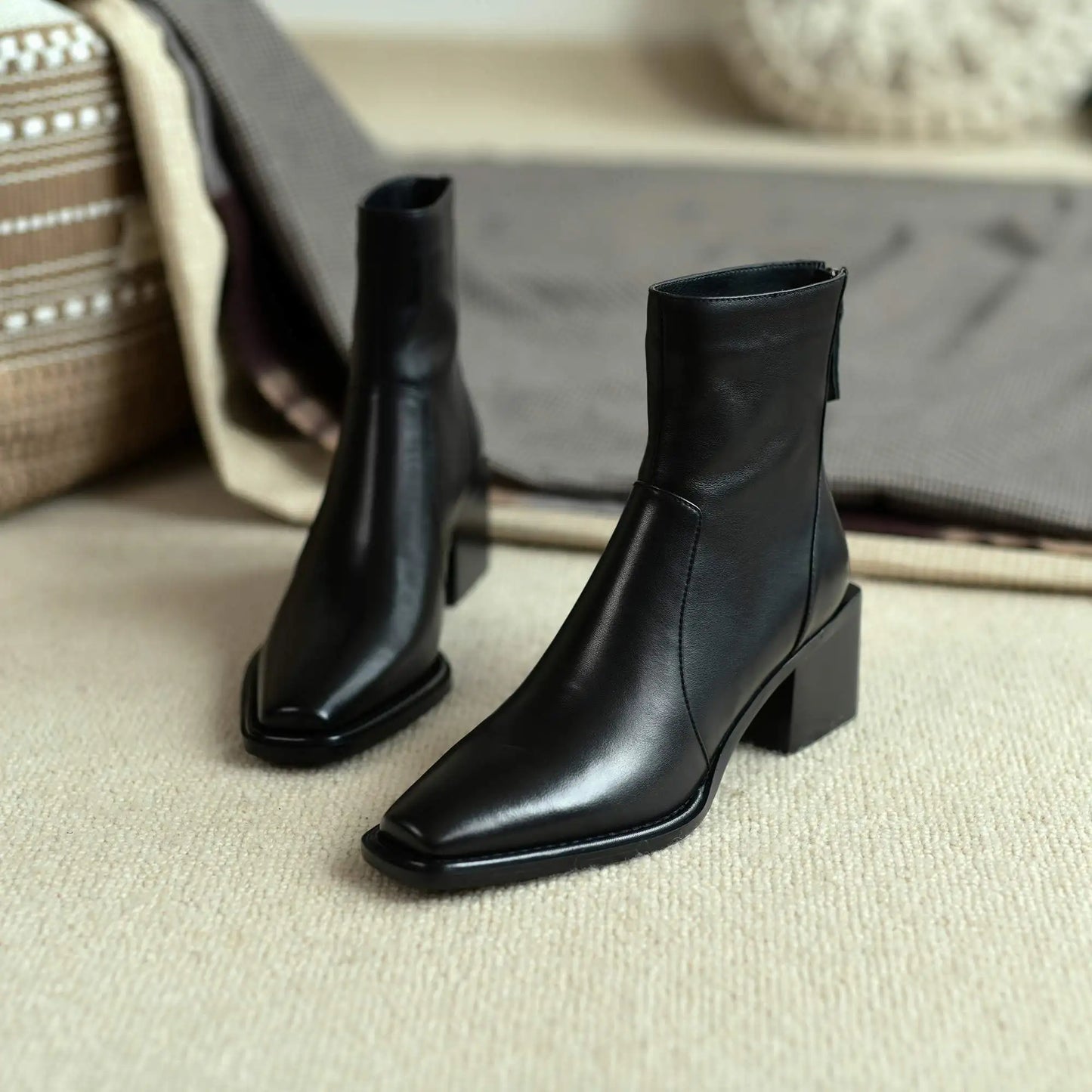 Cow Leather High Heels Square Toe Winter  Ankle Boots - Ghoddosh