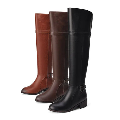 Women's Round Toe Chunky Block Heel Thigh-High Riding Boots with Belt Buckles @ ghoddosh.com