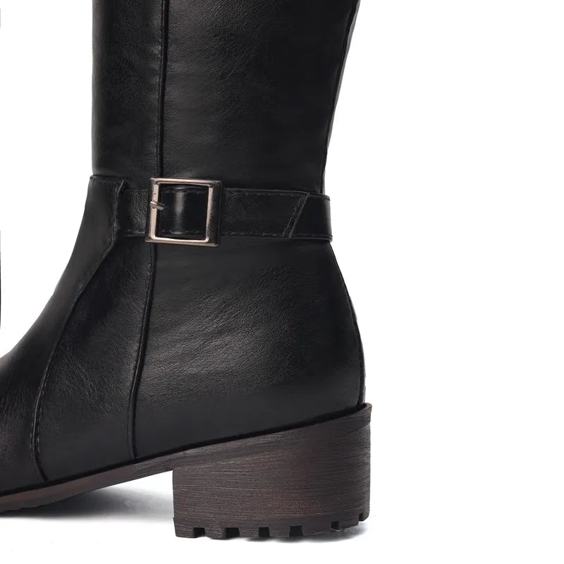 Women's Round Toe Chunky Block Heel Thigh-High Riding Boots with Belt Buckles @ ghoddosh.com