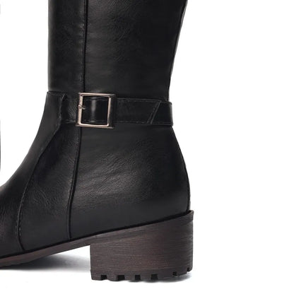 Women's Round Toe Chunky Block Heel Thigh-High Riding Boots with Belt Buckles @ ghoddosh.com