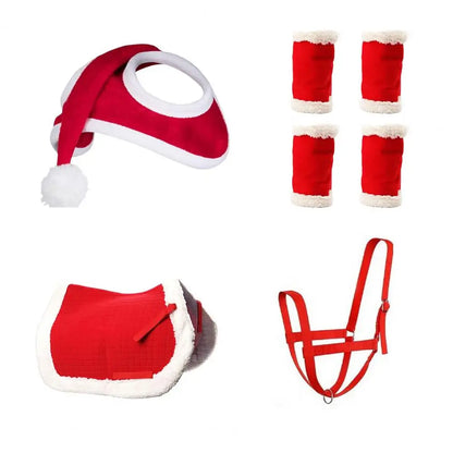 1/4/7 Pcs Horse Christmas Red Costumes  - Santa Hat , Horse Saddle , Pad Leg Wraps Decoration Accessories Xmas Winter Holiday Supplies - ghoddosh.com