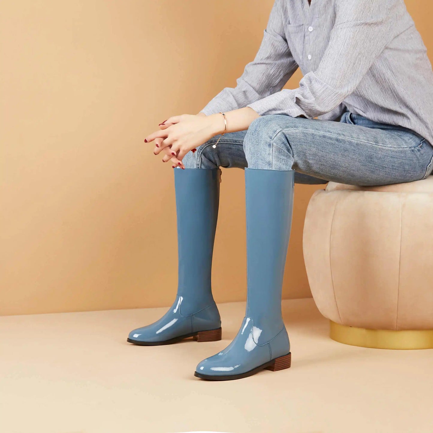 2026 New Arrival  Riding Boots - Cow Patent Leather Round Toe Med Heel Fashion Boots - ghoddosh.com 
