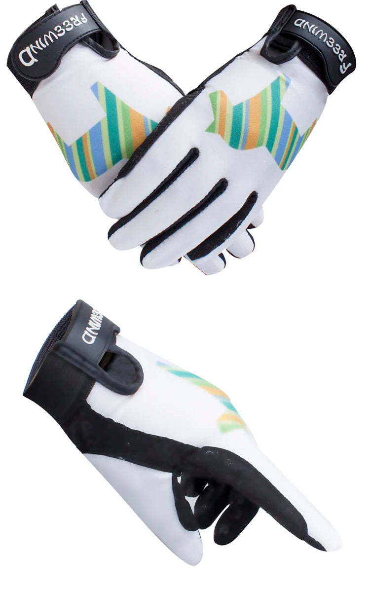 Pair of white golf gloves with colorful pattern and black accents on a white background .Ghoddosh 