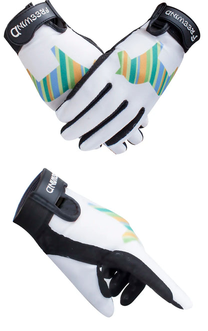 Pair of white golf gloves with colorful pattern and black accents on a white background .Ghoddosh 