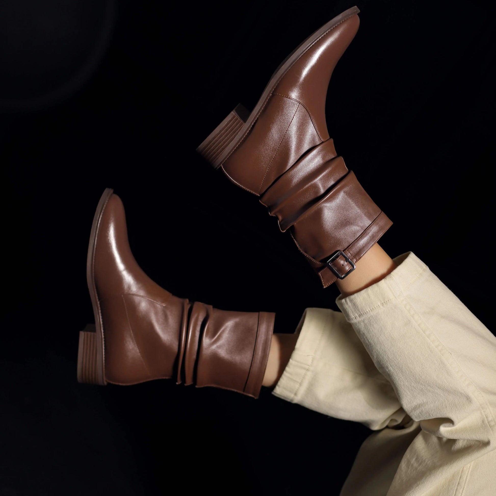 Cow Skin Med Heels Retro Pleated Western  Ankle Boots with Belt Buckle - Ghoddosh