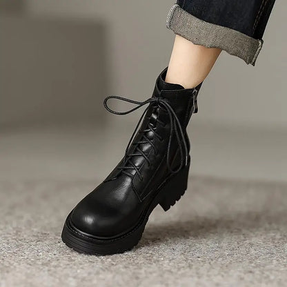 Genuine Leather Round Toe Thick High Heels Fashion Ankle Boots - Ghoddosh