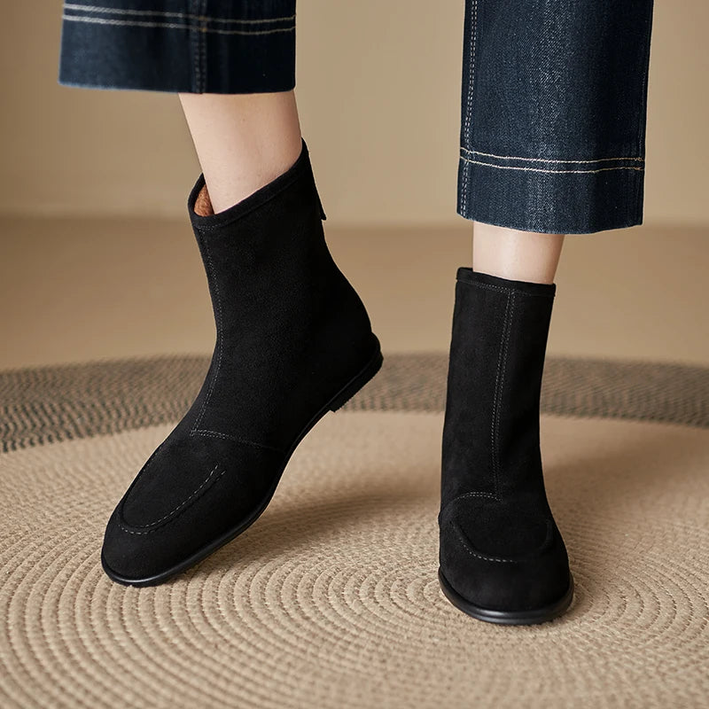 2026 NEW Autumn Women Suede Leather Boots - Round Toe , Low Heel  , Slip-on Chelsea Boots - ghoddosh.com