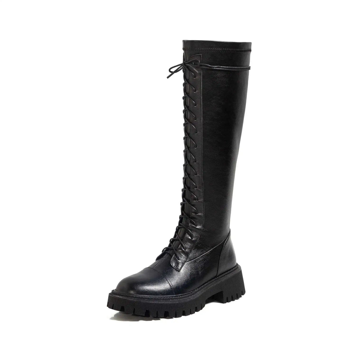 Genuine Leather Round Toe High Heel Riding Boots / Cross-tied Vintage Gladiator Lady Casual Platform Knee-high Boots .Ghoddosh

