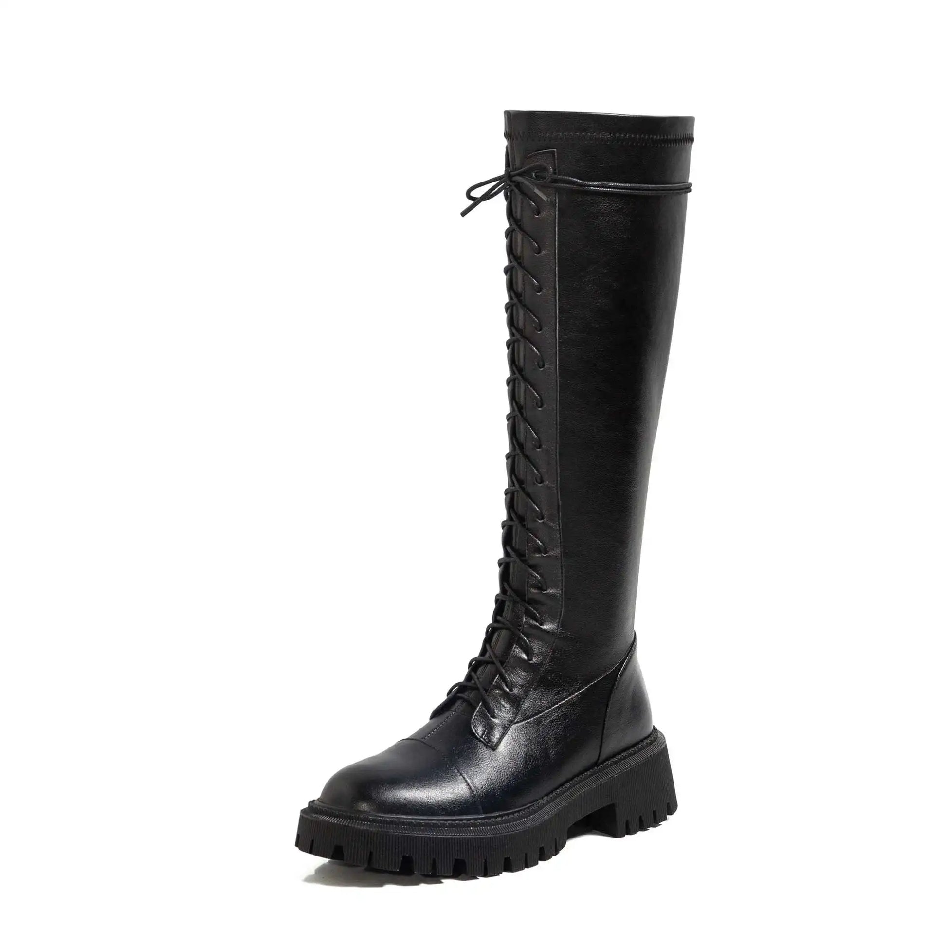 Genuine Leather Round Toe High Heel Riding Boots / Cross-tied Vintage Gladiator Lady Casual Platform Knee-high Boots .Ghoddosh

