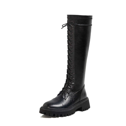 Genuine Leather Round Toe High Heel Riding Boots / Cross-tied Vintage Gladiator Lady Casual Platform Knee-high Boots .Ghoddosh

