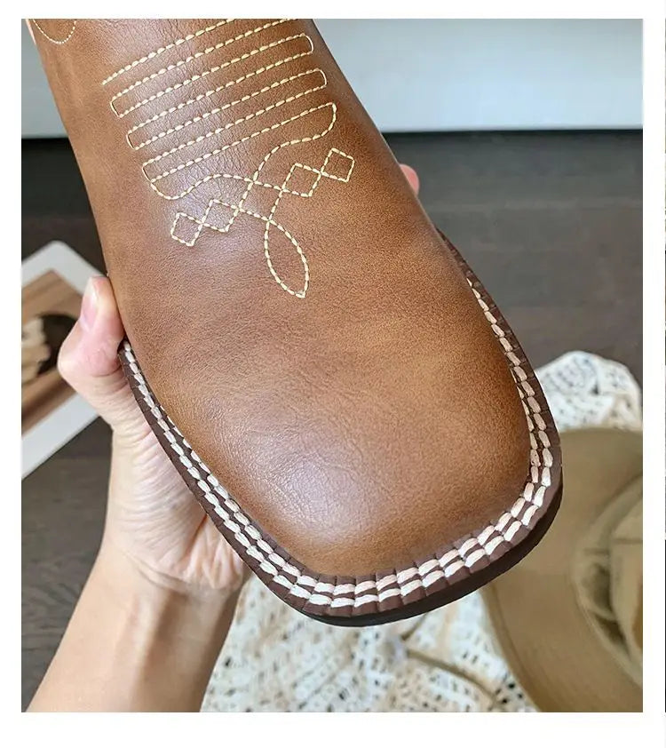 Embroidered brown cowboy boots — square toe and chunky mid-calf heel. - Ghoddosh