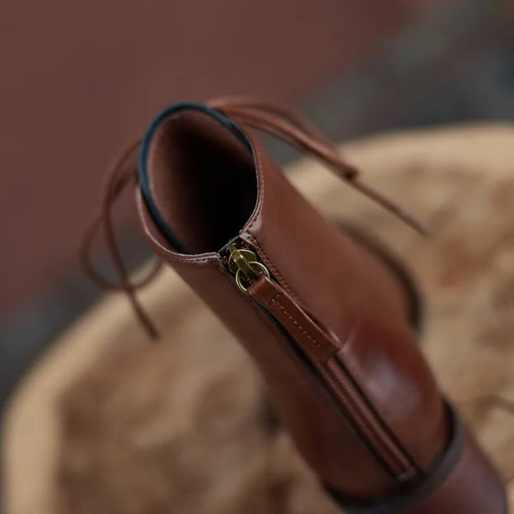 New  Split Leather Women  Round Toe  Chunky Heels Boots - Ghoddosh