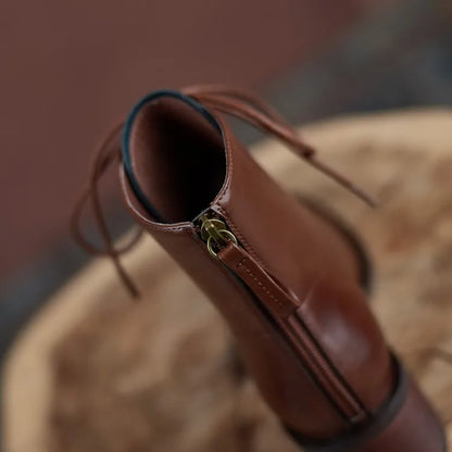 New  Split Leather Women  Round Toe  Chunky Heels Boots - Ghoddosh