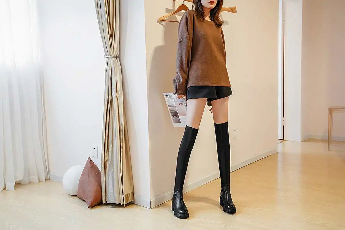 Big Size Cow Leather Stretch Over-the-knee Boots - Ghoddosh