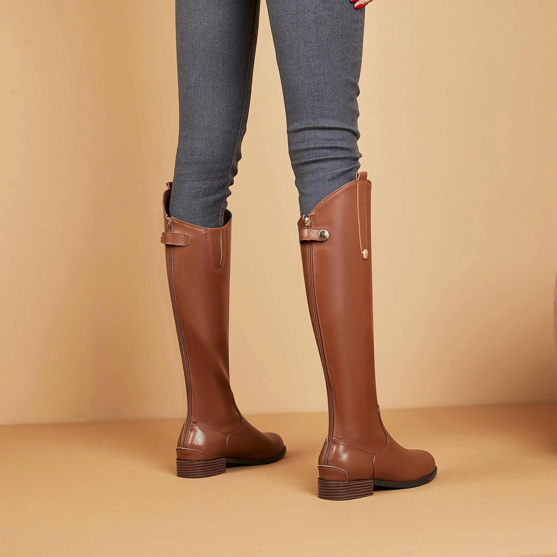 Women's Genuine Leather Thigh-High Riding Boots, Round Toe Mid-Heel Streetwear @ ghoddosh.com