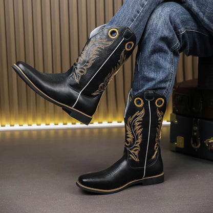 Men’s Knight High-Top  , Square Heels Embroidered Western Cowboy Boots - Ghoddosh