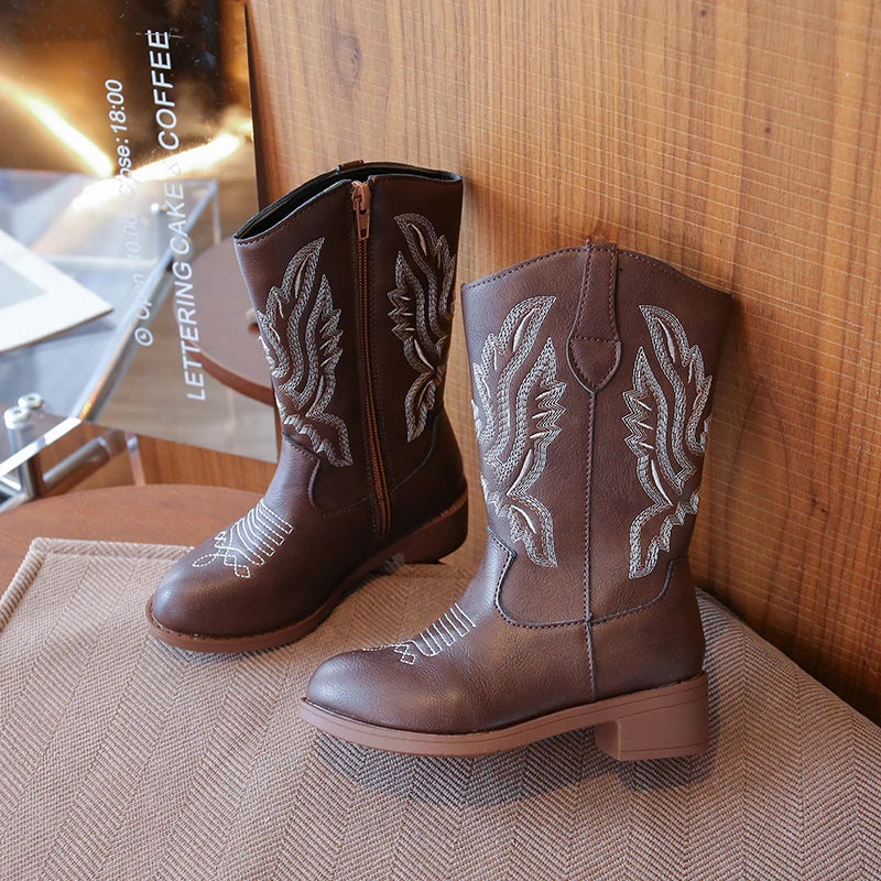Kids Embroidered Western Cowboy Boots – Unisex Tall Pull-On Cowgirl Boots for Boys and Girls @ ghoddosh.com