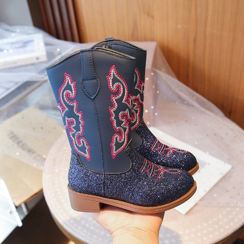 Kids Embroidered Western Cowboy Boots – Unisex Tall Pull-On Cowgirl Boots for Boys and Girls @ ghoddosh.com